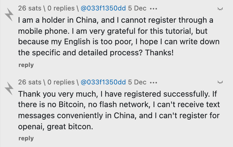 User from China thanking sms4sats on stacker.news